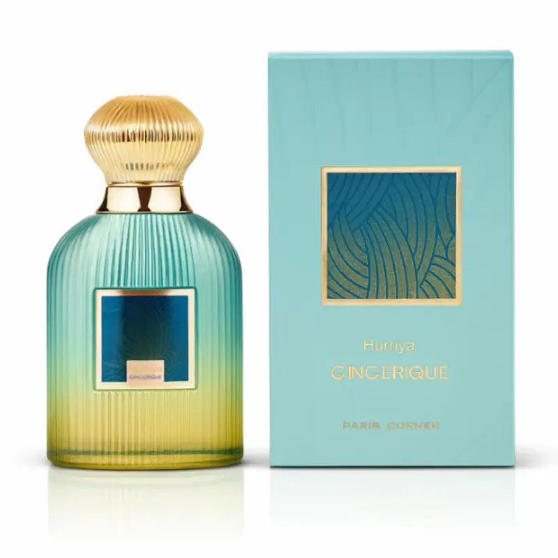 Paris Corner Hurriya Gingerique Eau de Parfum frasco y caja verde con detalles dorados