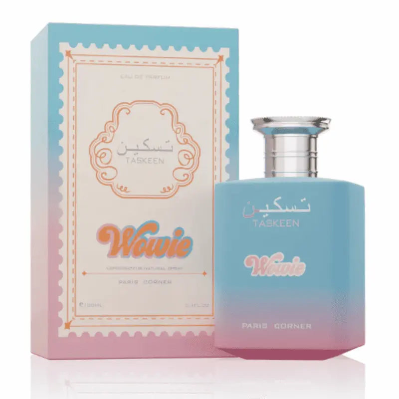 Paris Corner Taskeen Wowie Eau de Parfum frasco y caja con diseño azul y rosa