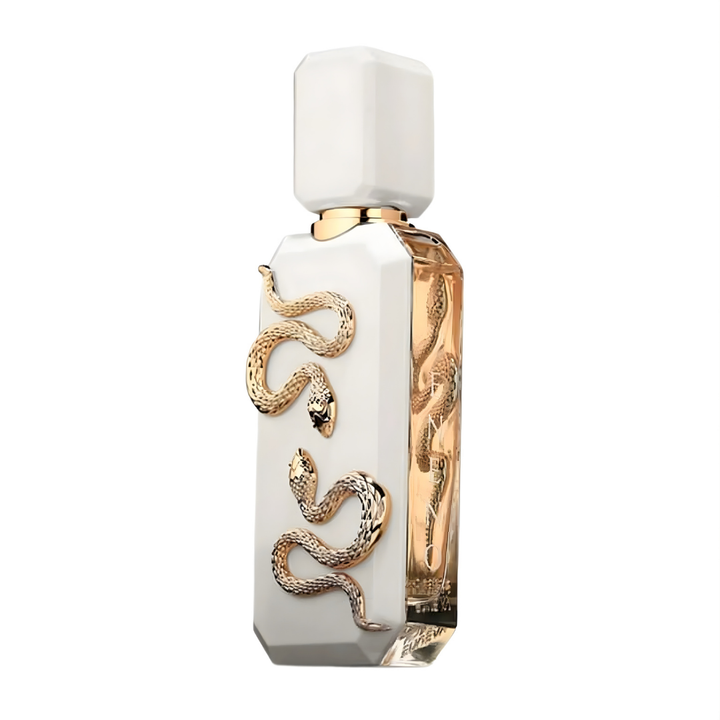 Frasco de perfume Veneno Bianco Eau de Parfum con diseño blanco elegante y detalle de serpiente dorada
