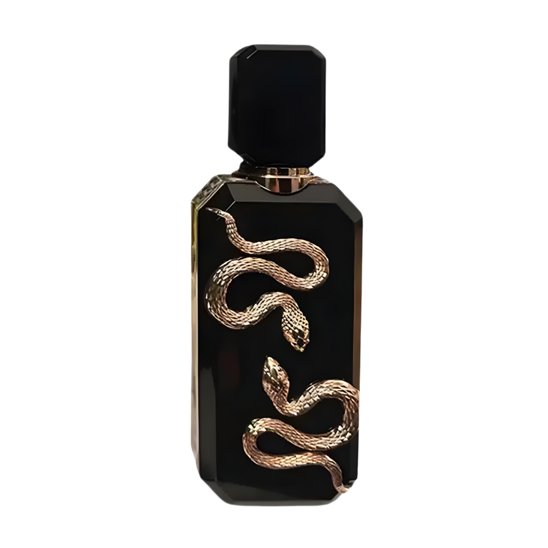 Frasco de perfume Veneno Eau de Parfum en color negro con diseño elegante y serpiente dorada