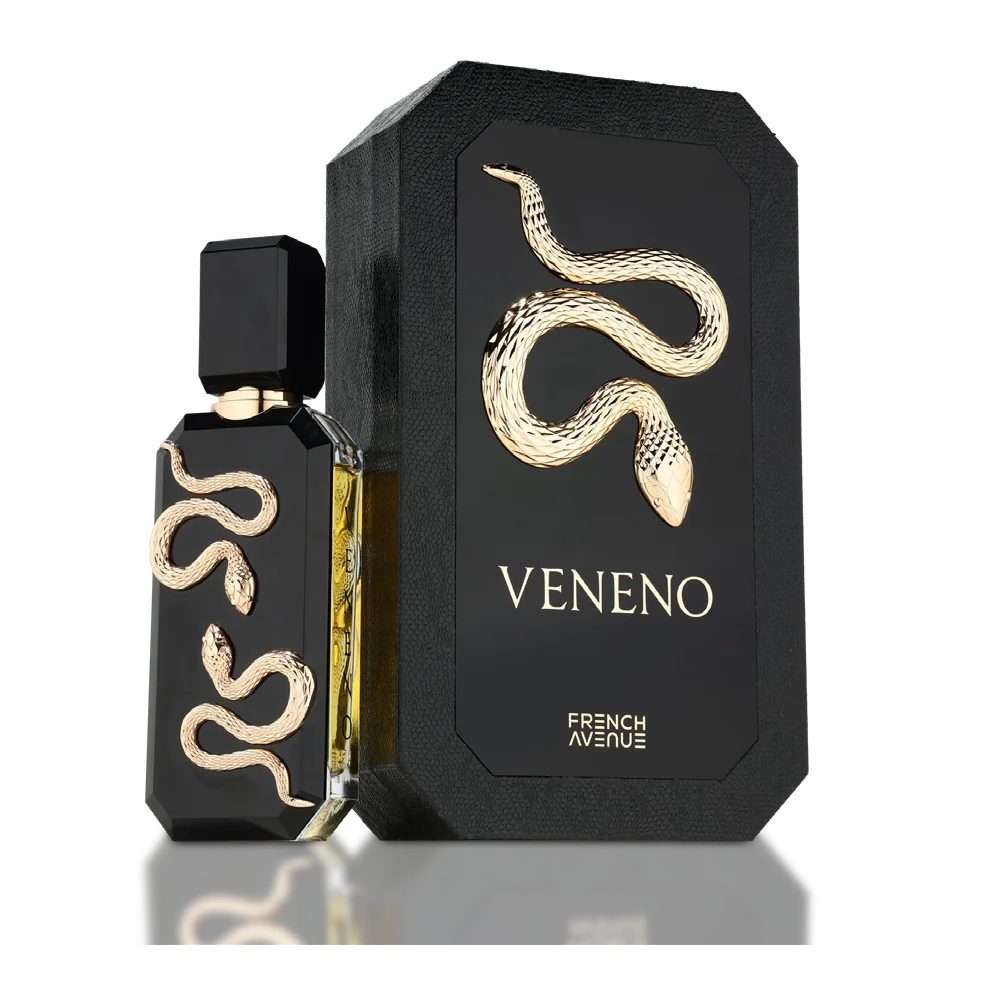 Perfume Veneno con caja negra y detalle de serpiente dorada que refleja su carácter oscuro y sofisticado
